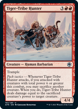 Tiger-Tribe Hunter card featuring a human barbarian with a tiger, showcasing trample ability and pack tactics. 4/4 creature.