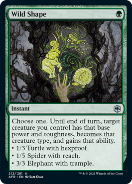 Wild Shape card from Dungeons & Dragons featuring a mystical forest background with glowing creatures and transformation opti
