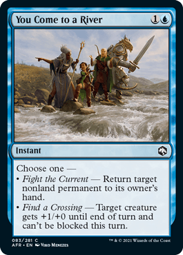 You Come to a River card from Dungeons & Dragons: Adventures in the Forgotten Realms, featuring a fantasy scene with adventur