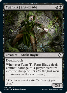 Yuan-Ti Fang-Blade card from Dungeons & Dragons featuring a snake rogue in a forest setting, with game stats and abilities.
