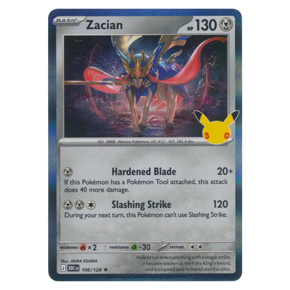 Zacian 106/128 30th Celebration holo Pokémon card, scanned front